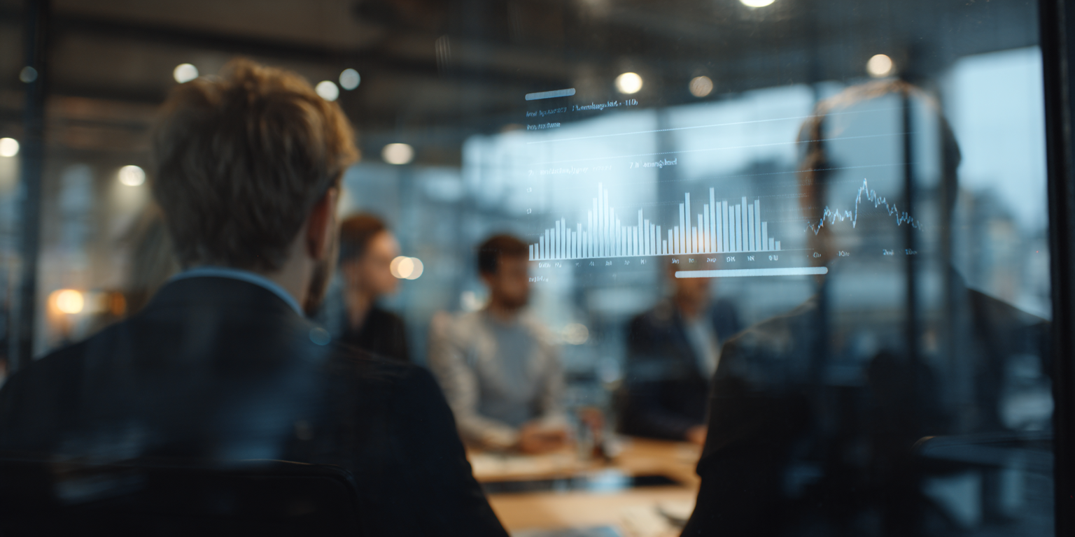 Zakelijke vergadering met vier mensen die naar een scherm met grafieken en flamingo-beeld bekijken