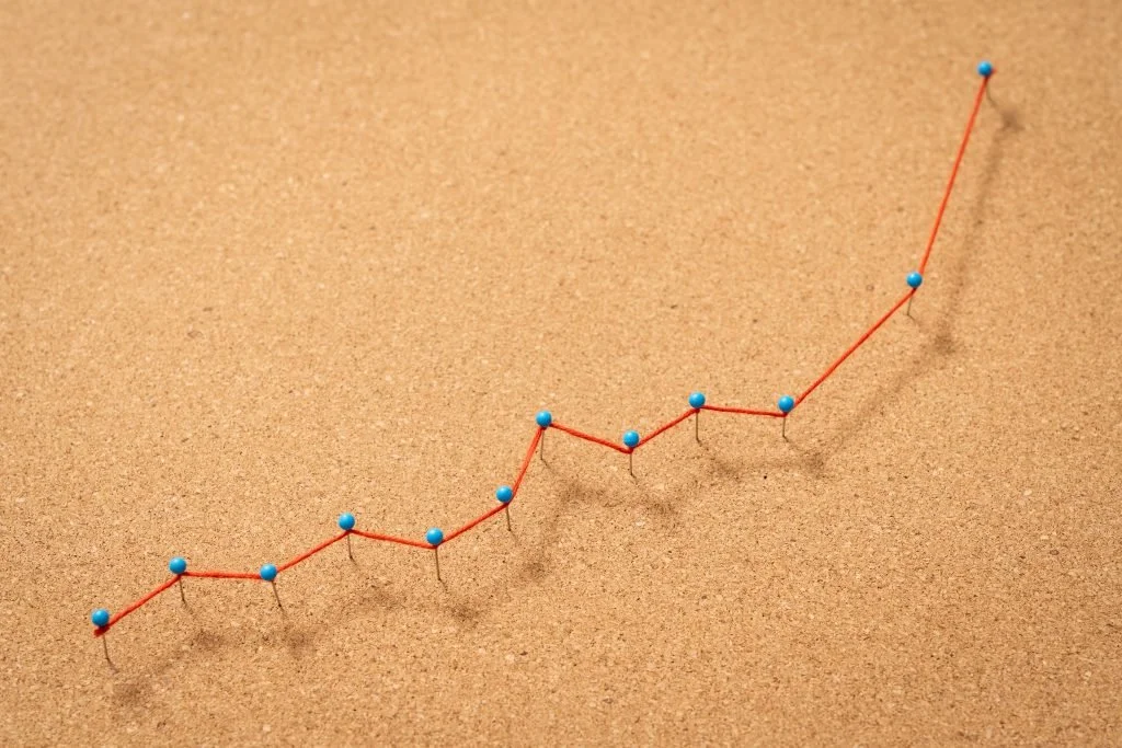 Een grafiek met een rode lijn en blauwe punten op een bruine ondergrond, die een stijgende trend vertonen.