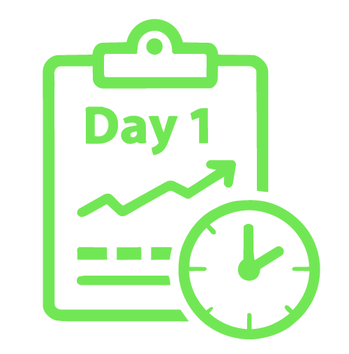 Groene illustratie van een dagboek met de tekst 'Day 1', een stijgende grafiek, een klok en een kalenderclip.