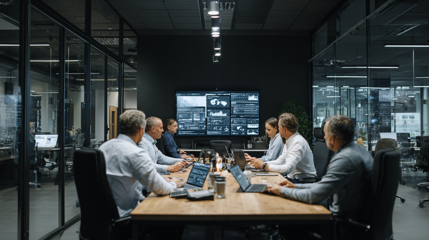 Zakelijke vergaderzaal met zeven mensen die laptops gebruiken, grote schermen met data en grafieken op de achtergrond, moderne kantoorruimte met glazen wanden.