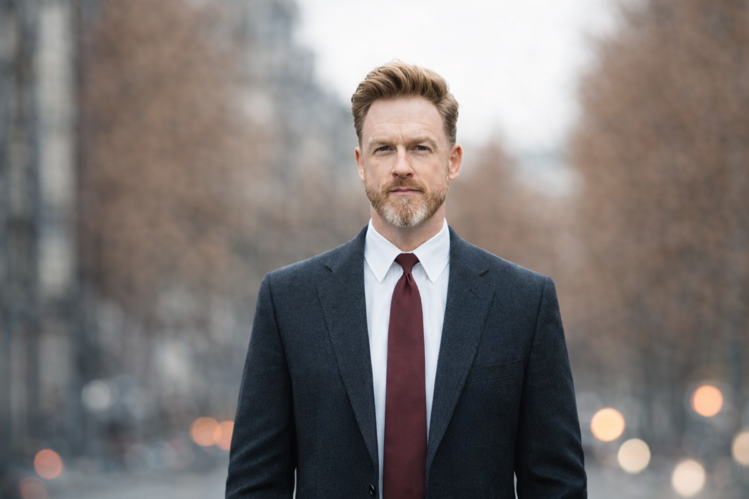 Een man met kort, lichtbruin haar en een baard draagt een donker pak en een witte blouse met een Bordeauxrode das, staand buiten op een straat met een vervaagde achtergrond van bomen en felle lichtpunten.
