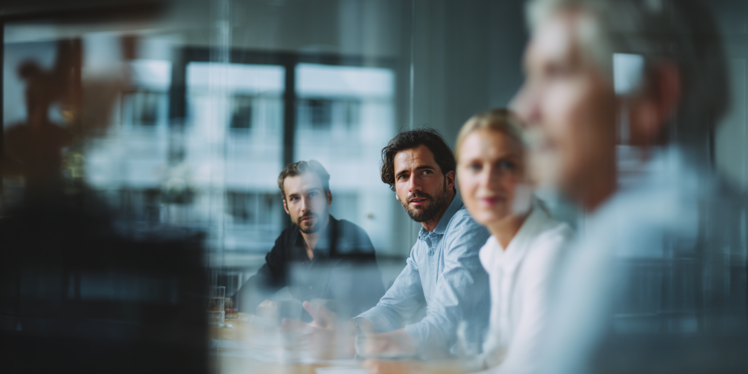 Vijf mensen zitten aan een tafel voor een vergadering, gezien door een raam, met verschillende uitdrukkingen.