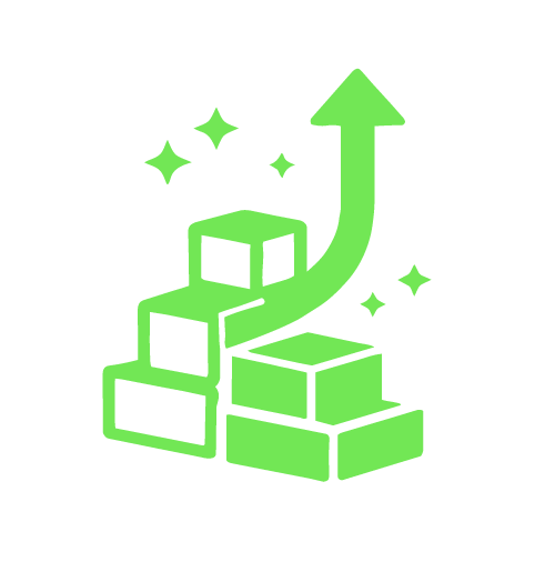 Groene grafische afbeelding van blokken die omhoog bewegen met een pijl en sterretjes, symboliseert groei of succes.