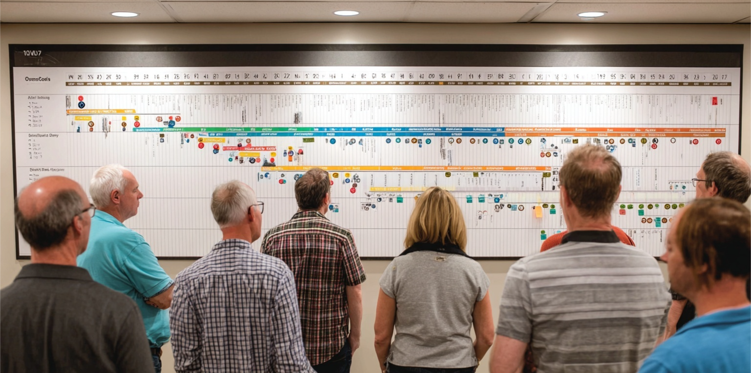 Een groep mensen die naar een groot overzichtsbord kijkt met een uitgebreide planning of schema, hangend aan de muur.