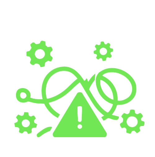 Groen lijntekening van een foutmelding met een uitroepteken, omringd door vijf tandwielen, symboliseert technische problemen.