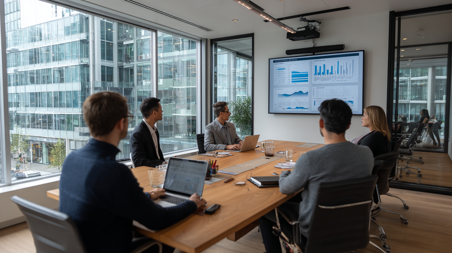Vijf personen in een modern kantoor vergaderen rond een grote houten tafel met laptops, terwijl ze naar een scherm met grafieken en datavisualisaties kijken.