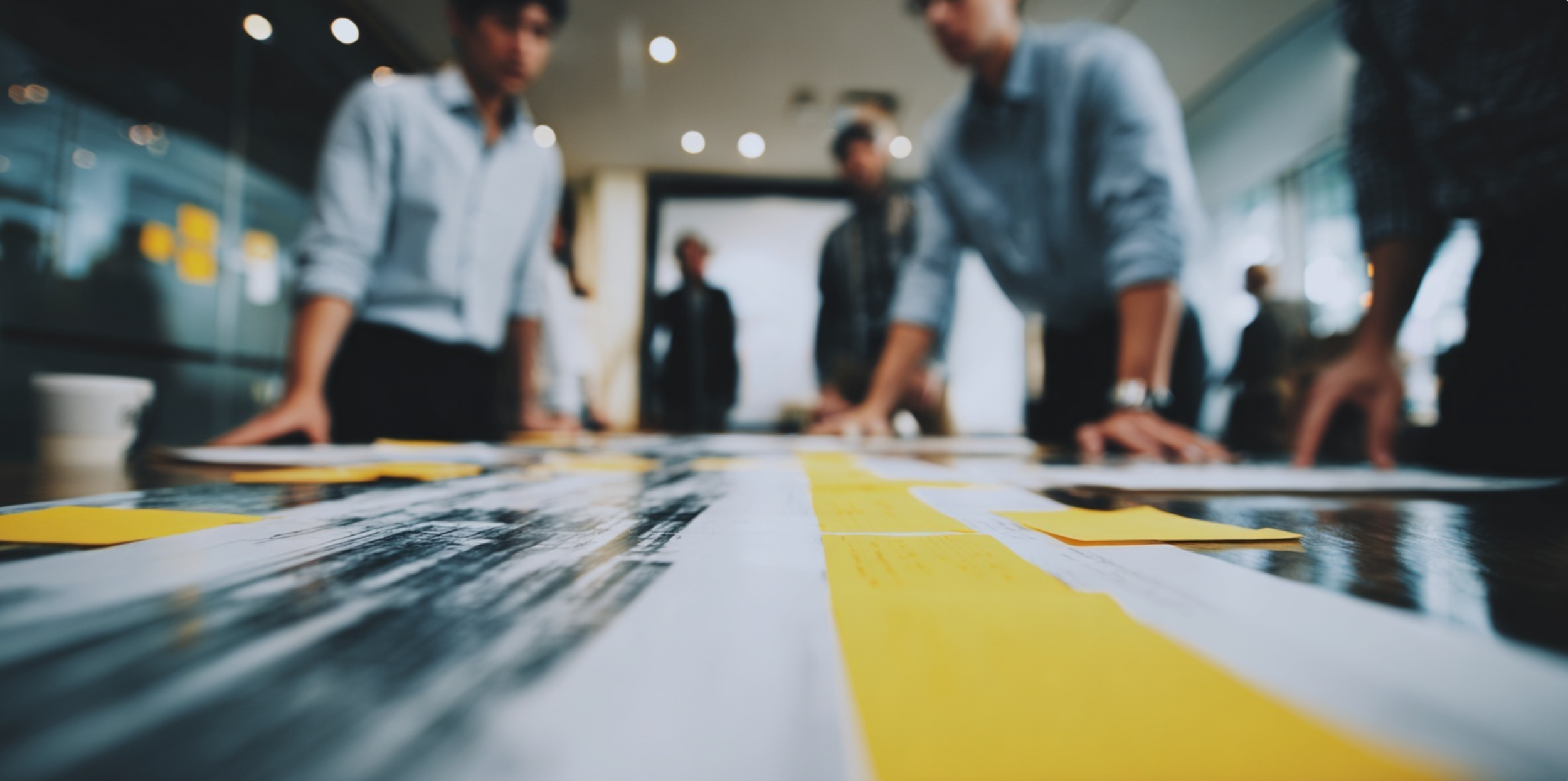 Mensen werken samen aan een tafel met papieren en gele markers, mogelijk brainstorming of projectplanning in een kantoor.