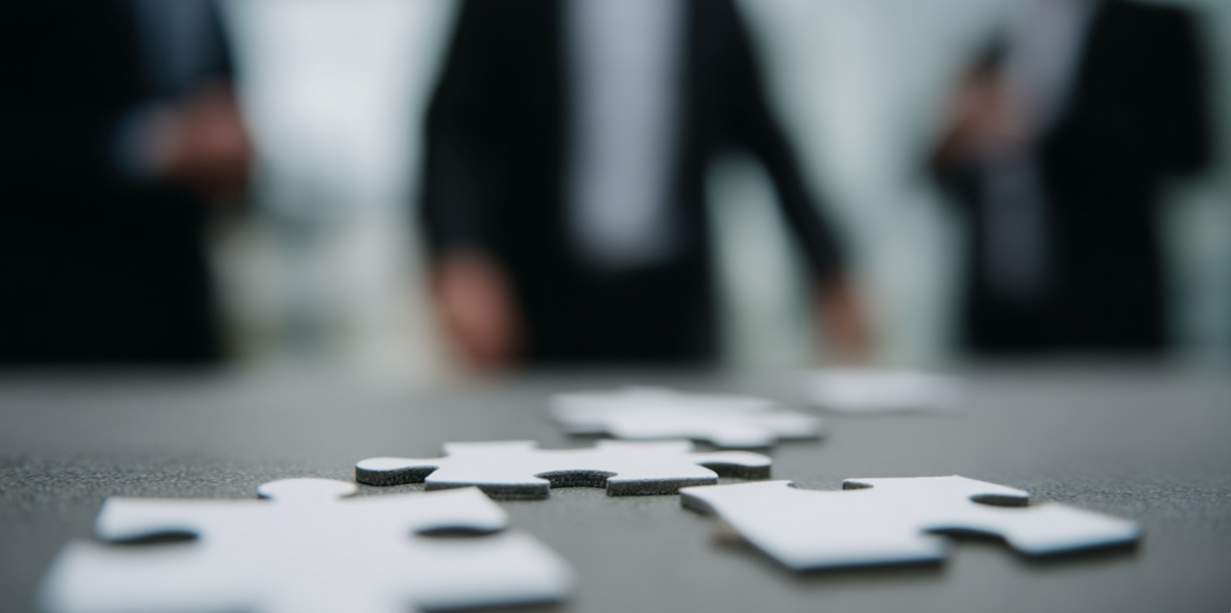 Verschillende stukken puzzel op tafel, met drie mensen in formele kleding op de achtergrond die overleggen.