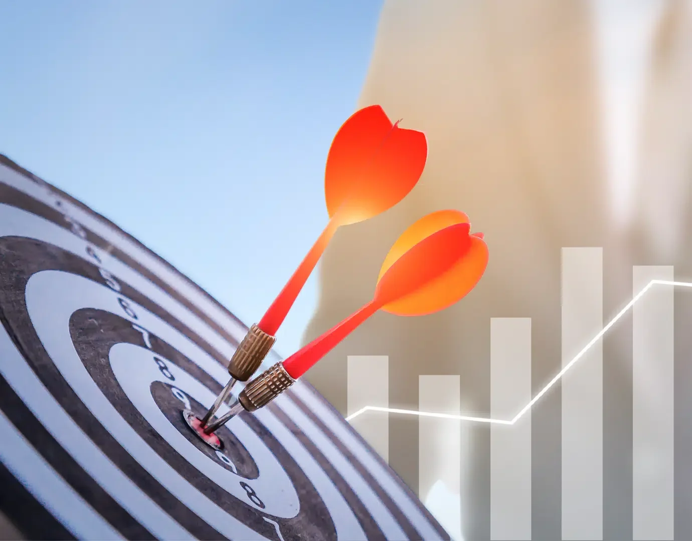 Twee darts in het midden van een doelwit, met grafiek- en stijgende lijn-illustraties op de achtergrond.