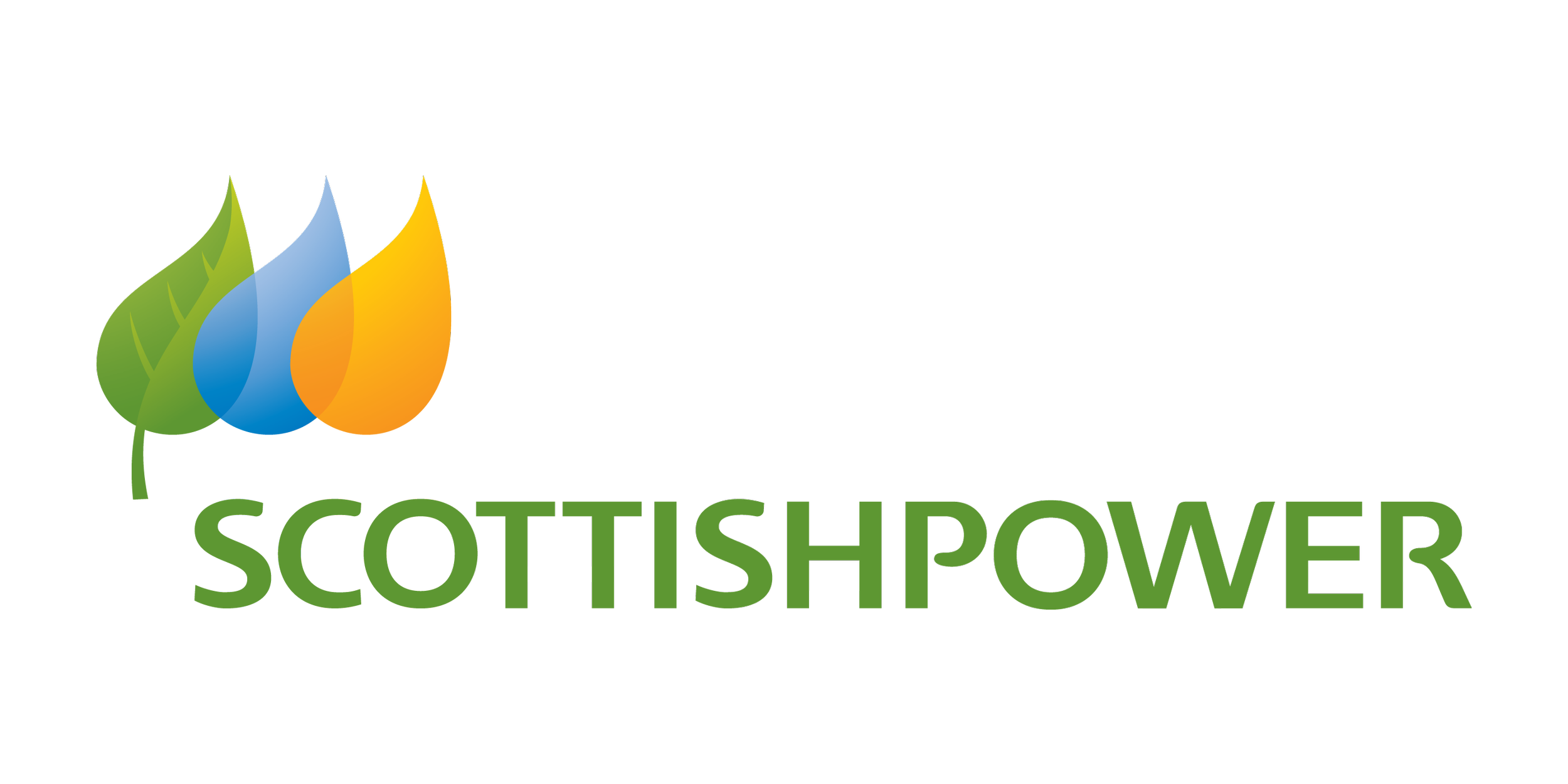 Logo for Scottish Power featuring a stylized flame with green, blue, and yellow colors, and the text 'Scottish Power' in bold green and blue letters.