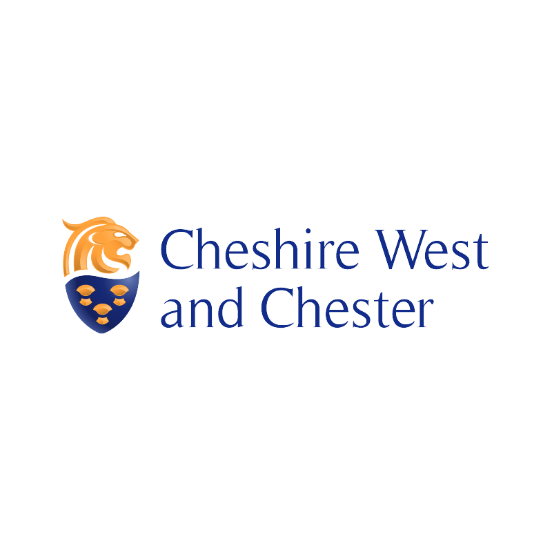 Logo for Cheshire West and Chester council, featuring a lion and a shield with three gold symbols, and blue text reading "Cheshire West and Chester".