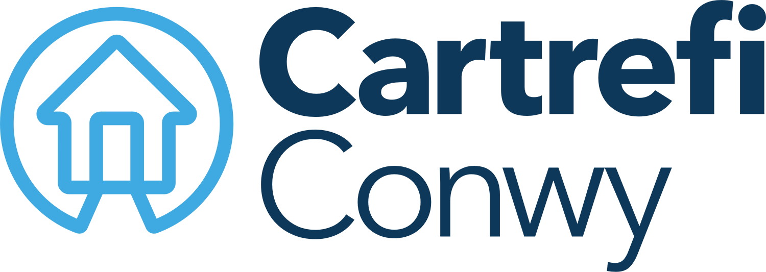 Logo for Cartrefi Conwy, a housing organization in Wales, featuring a blue outline house within a circle and the organization name in blue text.