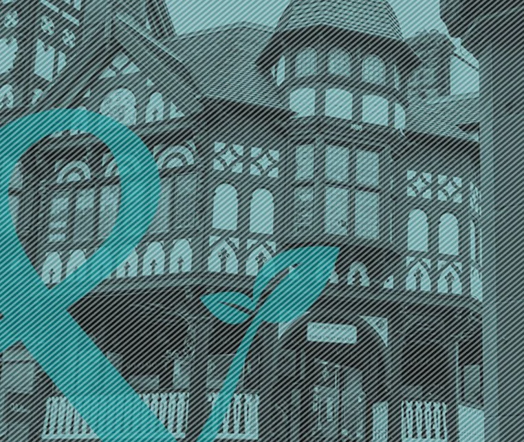 Illustration of a city building with a large map pin and a plant growing in front of it.