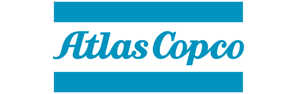 Atlas Copco logo with blue text and black background