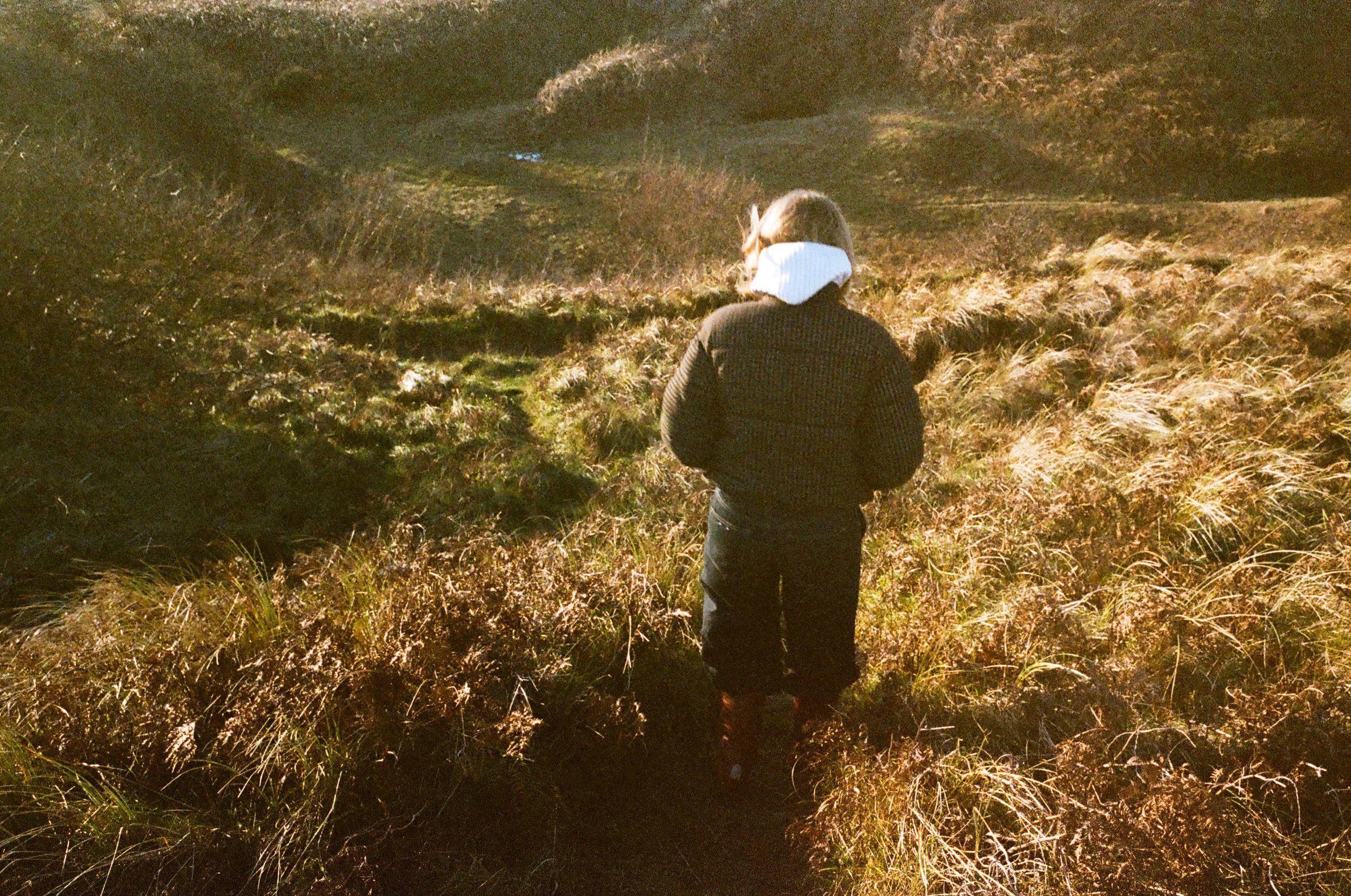 A person walking along a grassy trail in a hilly landscape during sunset or sunrise, wearing a black sweater and white hood.