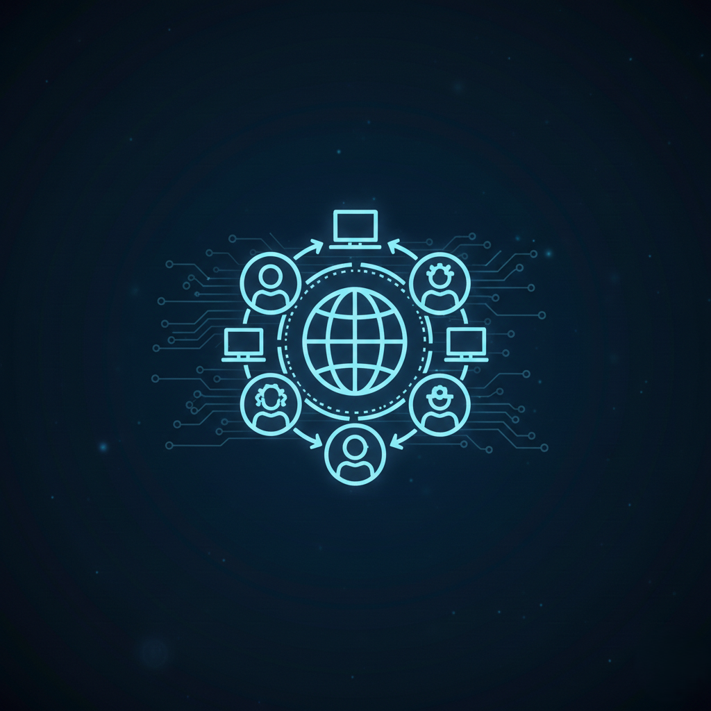 Illustration technologique avec un globe central entouré de profils d'utilisateurs, d'ordinateurs et d'icônes de connexion, symbolisant un réseau mondial ou une communication numérique.