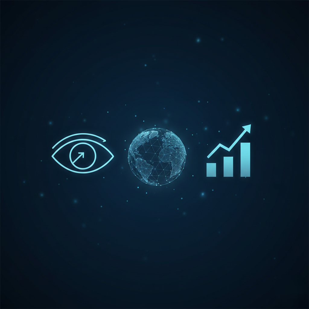 Une illustration numérique représentant un œil avec une flèche indiquant la vision, un globe terrestre connecté par un réseau numérique, et un graphique en barres avec une flèche ascendante, symbolisant la croissance et l'analyse mondiale.