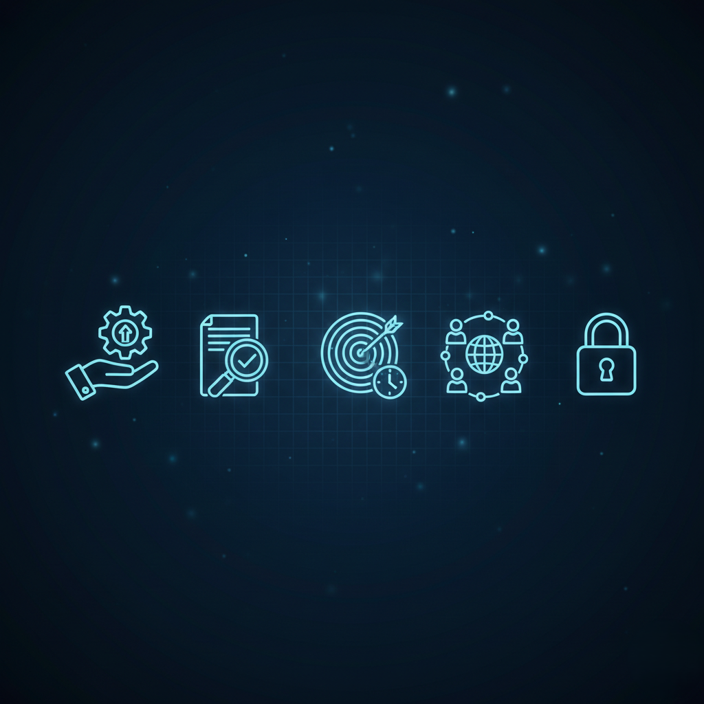 Icônes numériques représentant la gestion, la vérification, la précision, la communication, la sécurité