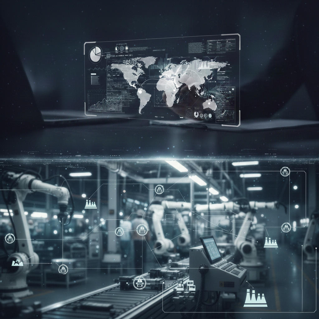 Vue d'une usine avec des robots industriels et une interface numérique affichant une carte du monde et des données technologiques.