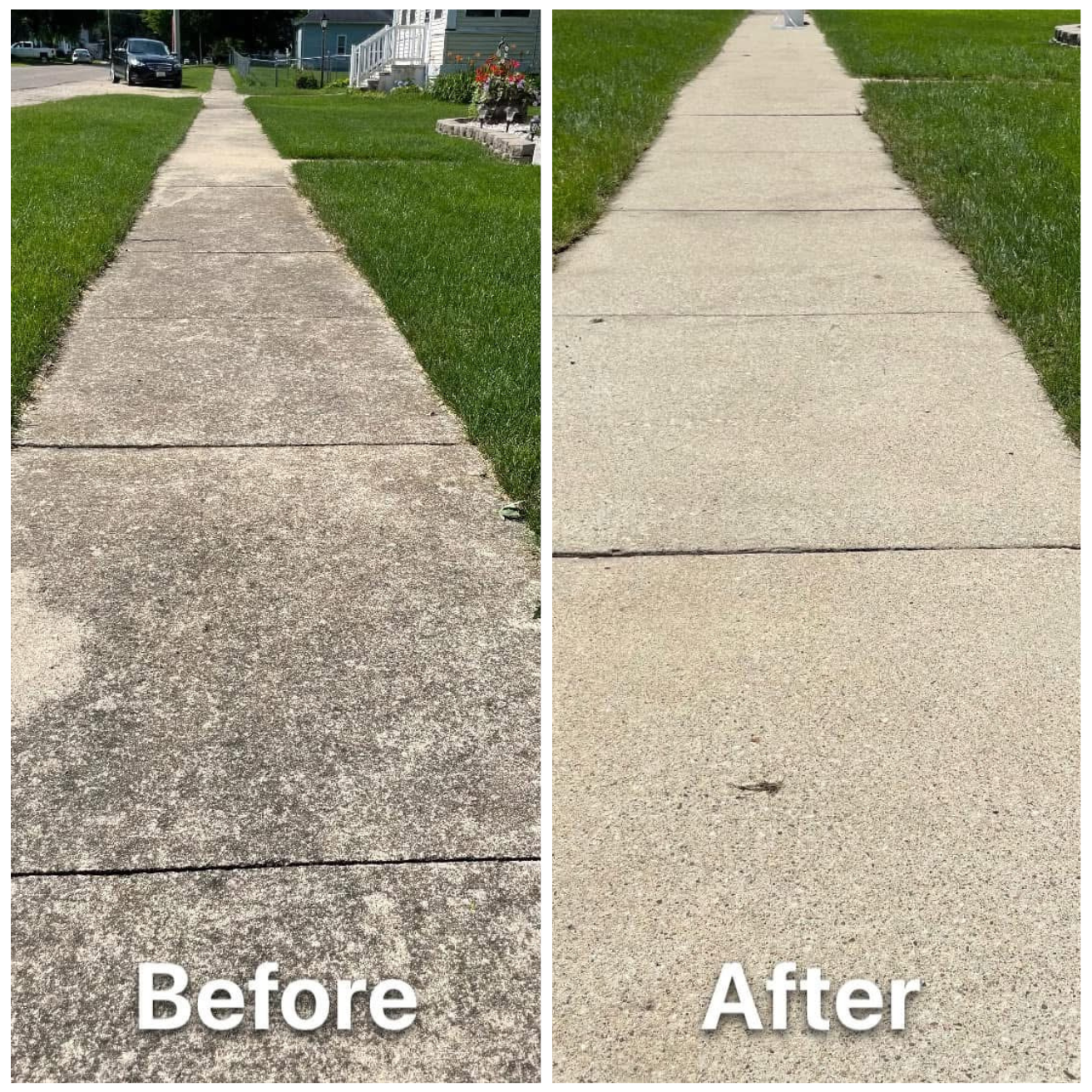 Side-by-side comparison of a concrete sidewalk before and after cleaning or repair, with the left showing a weathered, stained surface and the right showing a clean, smooth surface. The sidewalk is in a residential neighborhood with grass on either side.
