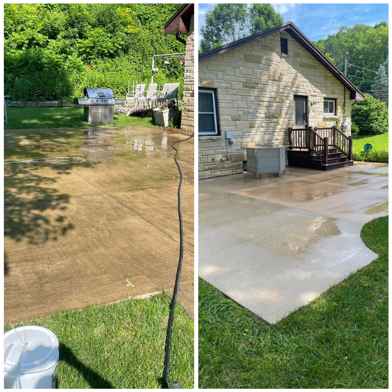 A side-by-side comparison of a concrete patio before and after cleaning. The left photo shows a stained and dirty patio with a barbecue grill, chairs, and gardening equipment nearby. The right photo shows the same patio after power washing, now clean and wet, attached to a house with a brick exterior and a small staircase leading to a door. The surrounding area has green grass and trees.