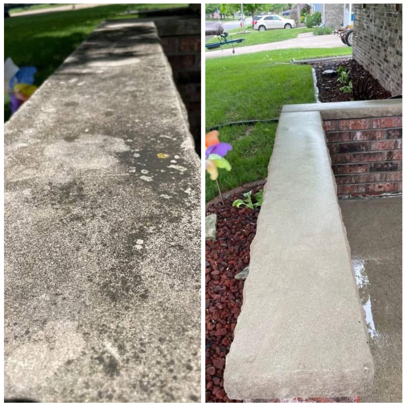 Comparison of a weathered, stained concrete porch step before cleaning on the left and the same step after cleaning on the right, with a well-maintained lawn and gardening area in the background.