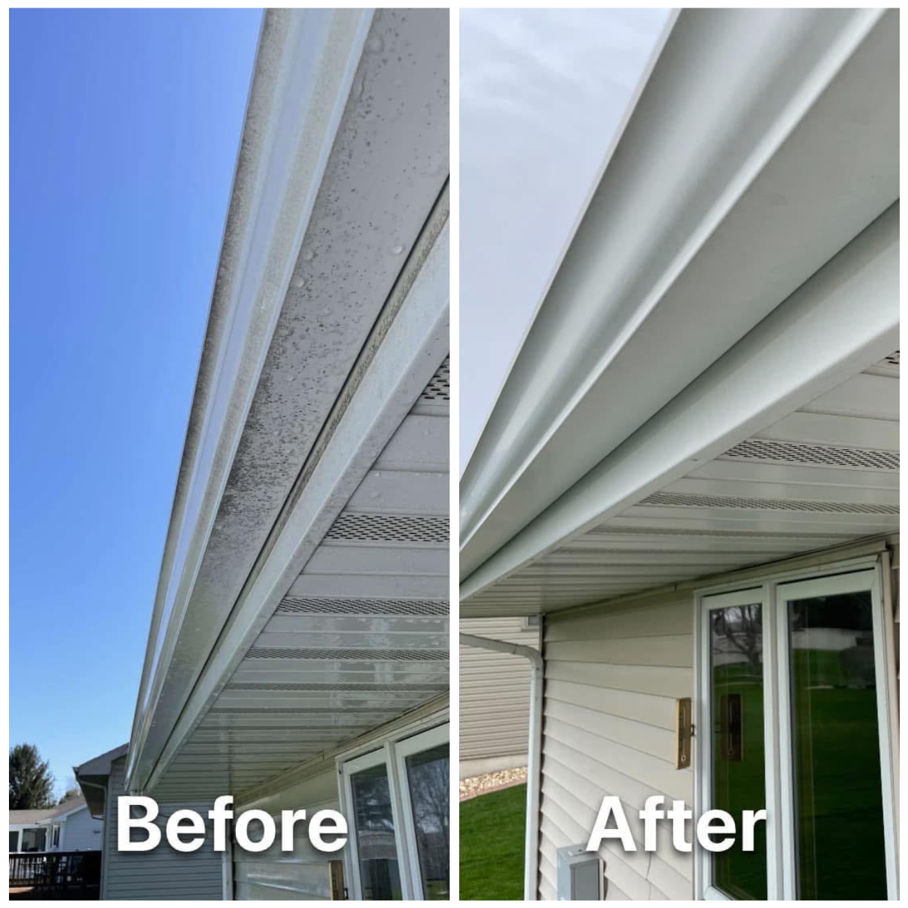 Side-by-side comparison of house gutter cleaning before and after. The before side shows dirty, stained gutters, while the after side shows clean, white gutters.