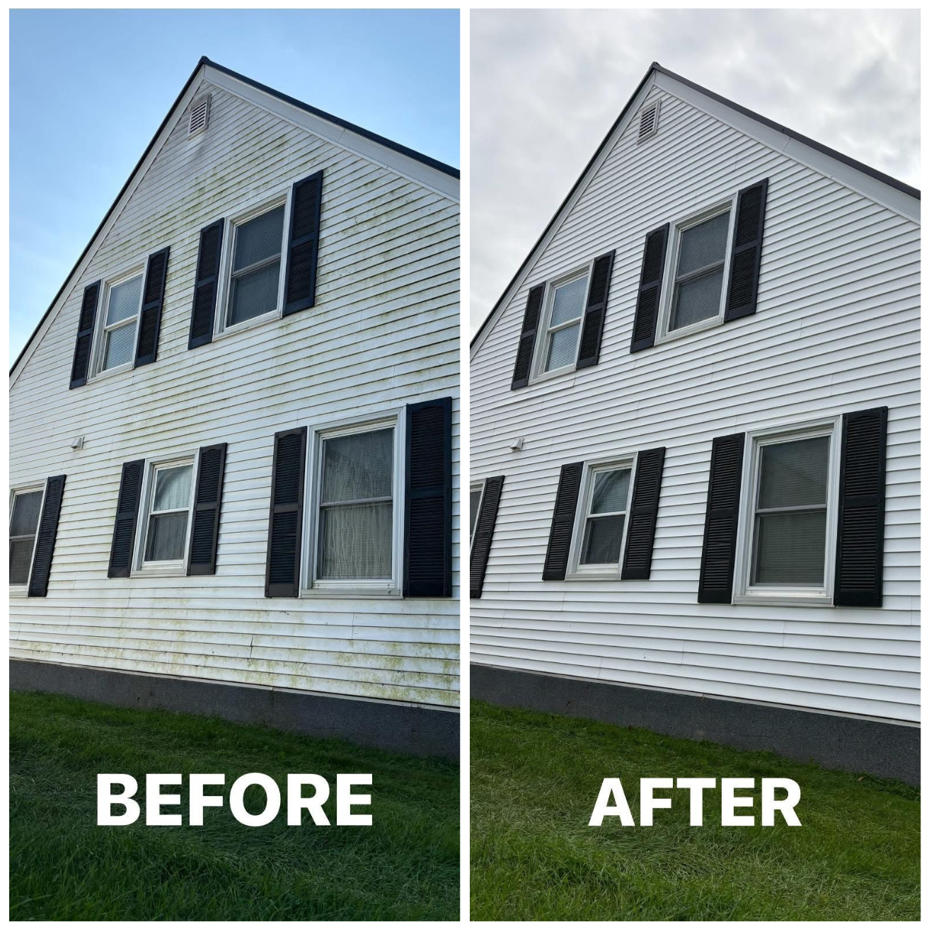 Side-by-side comparison of a house exterior before and after cleaning. The house has white siding, black shutters, and two windows on each level. The 'before' side shows dirty, mossy siding, while the 'after' side shows clean and bright siding.