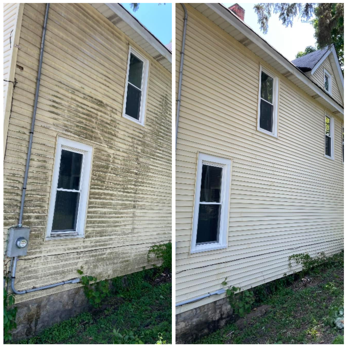 Comparison of house exterior wall before and after cleaning, showing cleaner beige siding on the right side and dirty, moldy siding on the left side.