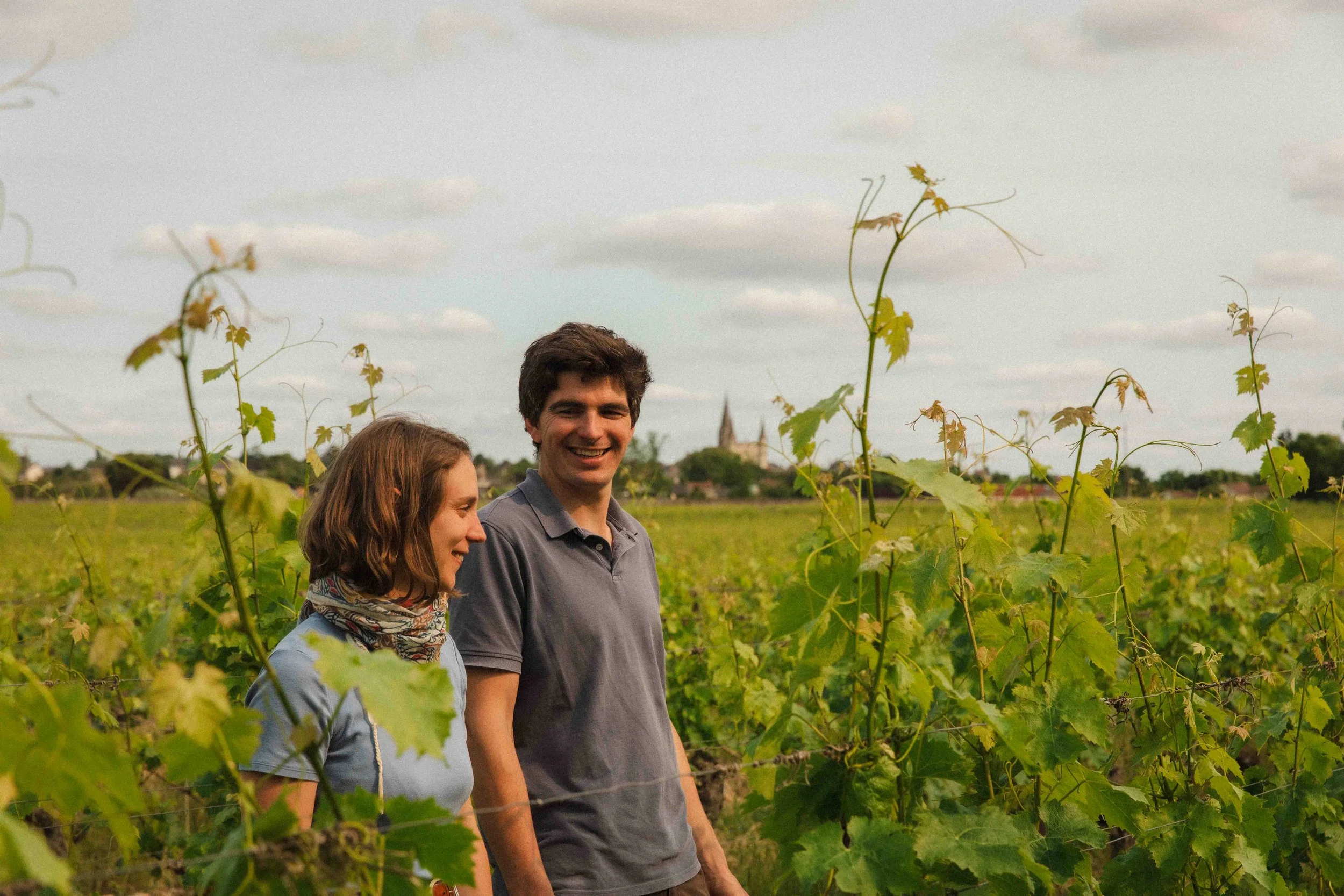 Thibault Masse and Perrine Kientz in their organice vineyard in Le Puy-Notre-Dame, AOP Saumur, Loire Valley wine