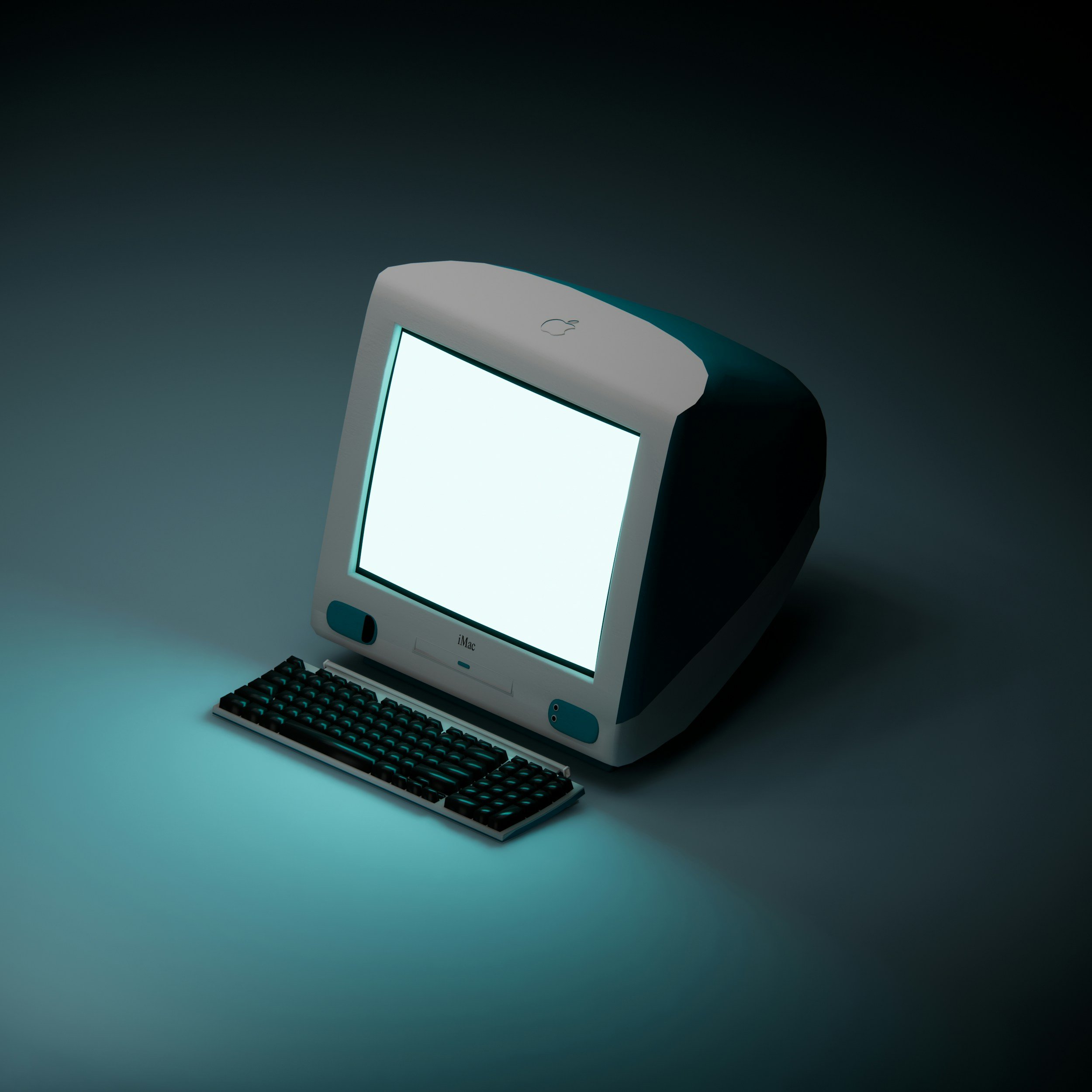 A vintage Apple iMac computer with a black keyboard, illuminated by a teal light in a dark setting.