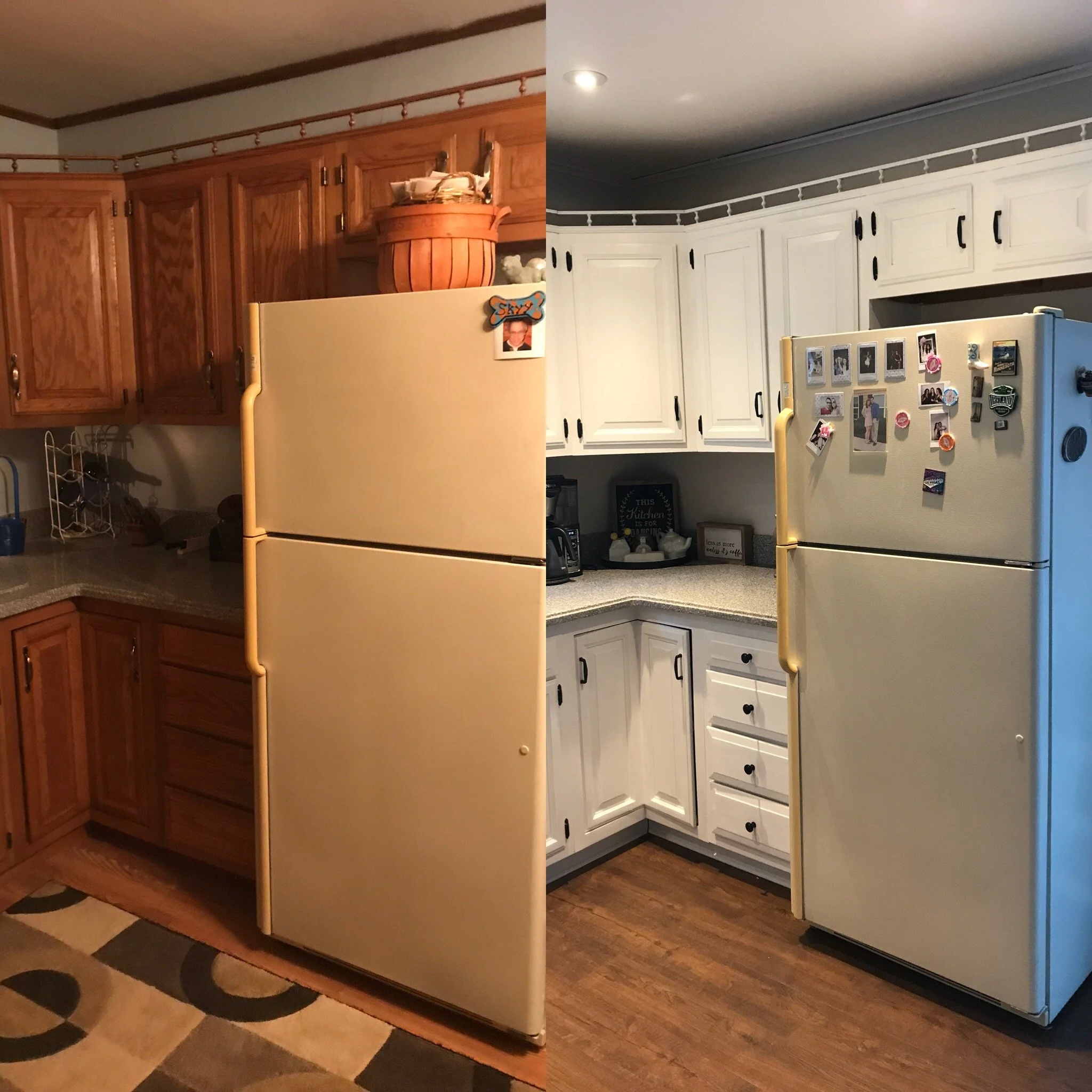 Comparison of two kitchen scenes, showing the same refrigerator in different settings: one with wood cabinets and the other with white cabinets, both decorated with various magnets and photos.