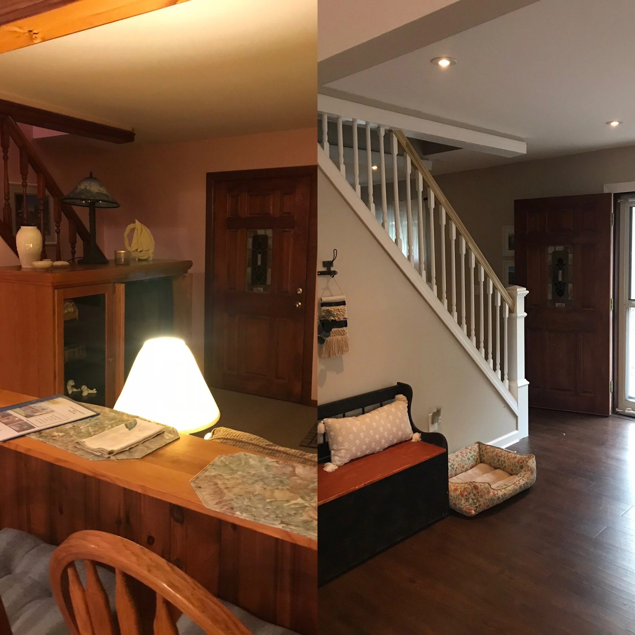 Side-by-side comparison of two rooms, showing the same area before and after renovation. The left side depicts a room with warm lighting, wooden furniture, and a dining table with placemats, while the right side is a brighter, modernized space with a