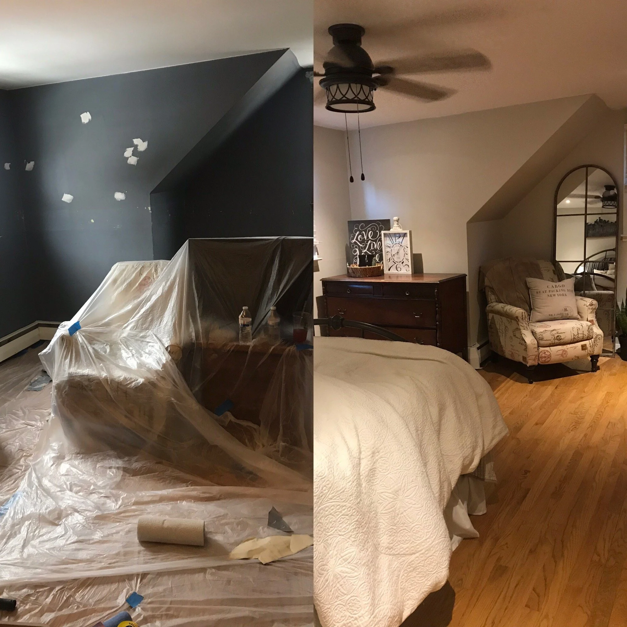 A side-by-side comparison of a bedroom before and after renovation. The left side shows the room with dark walls, patches of paint, and furniture covered with plastic. The right side shows the finished room with light-colored walls, a bed with a whit