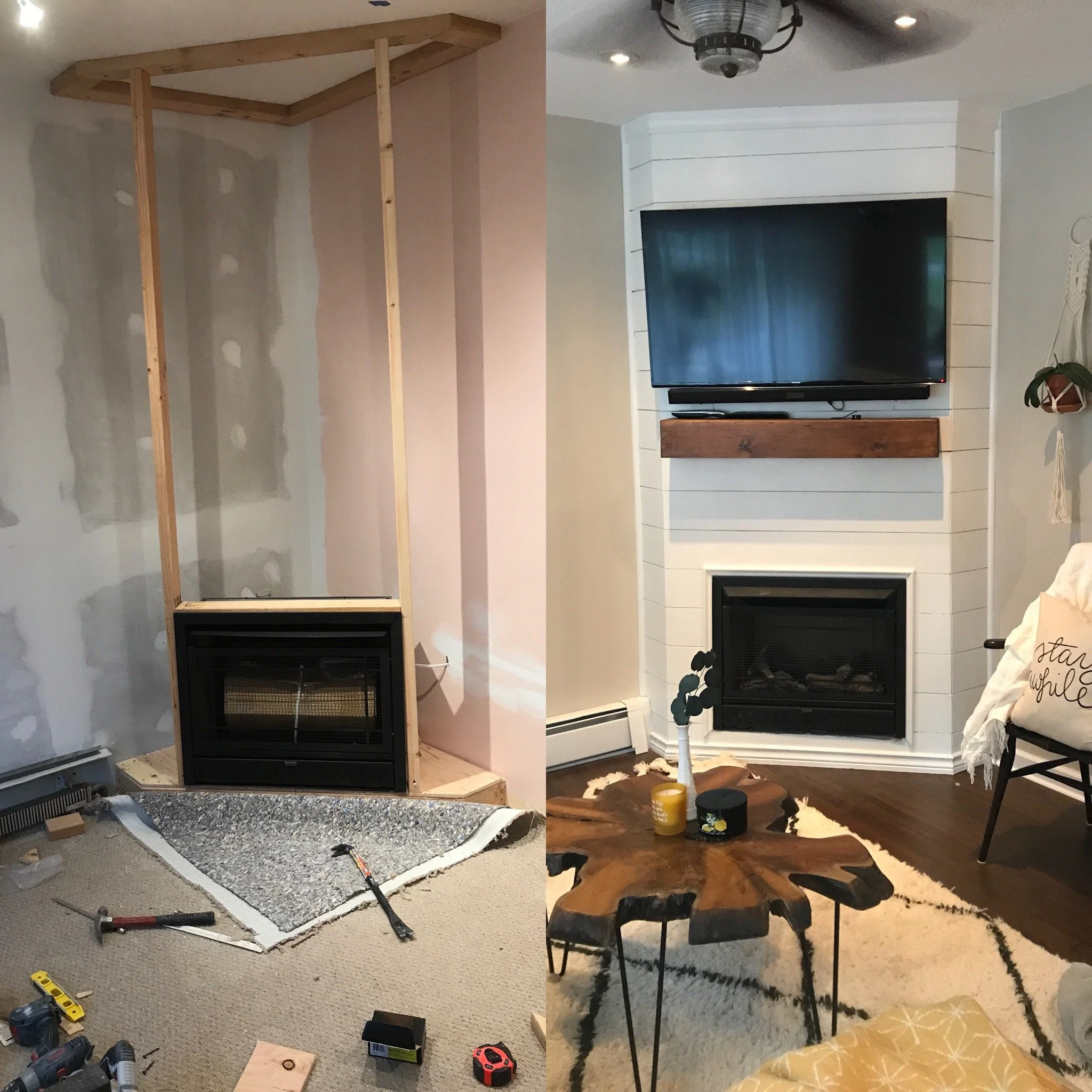 Comparison of a fireplace before and after remodeling: on the left, a fireplace framed with unfinished wood and construction tools; on the right, a finished, styled fireplace with a mounted TV and cozy decor.