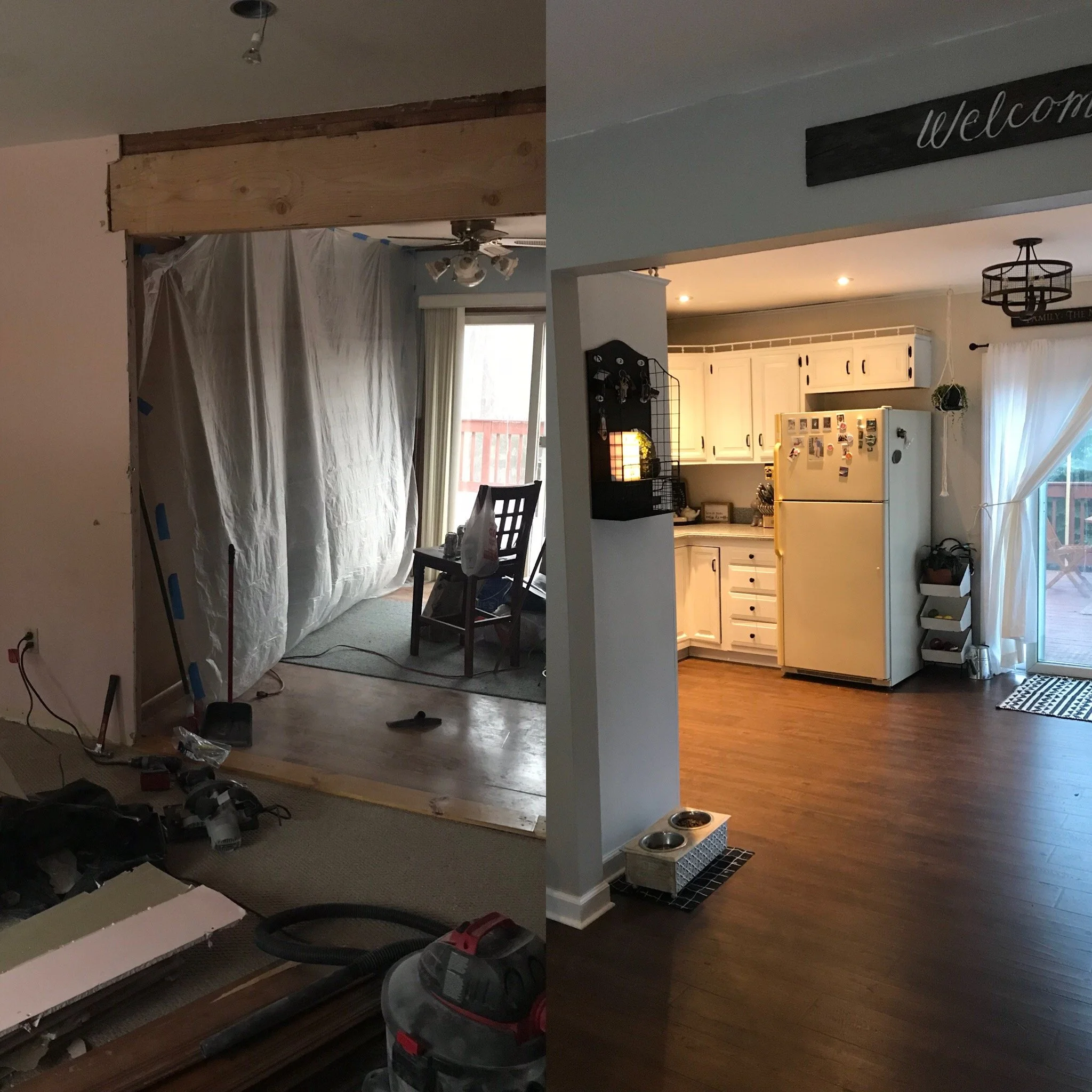 Side-by-side comparison of a room under renovation on the left and the same room fully renovated on the right, featuring a completed kitchen with white cabinets, a refrigerator, dining area, and sliding glass door.