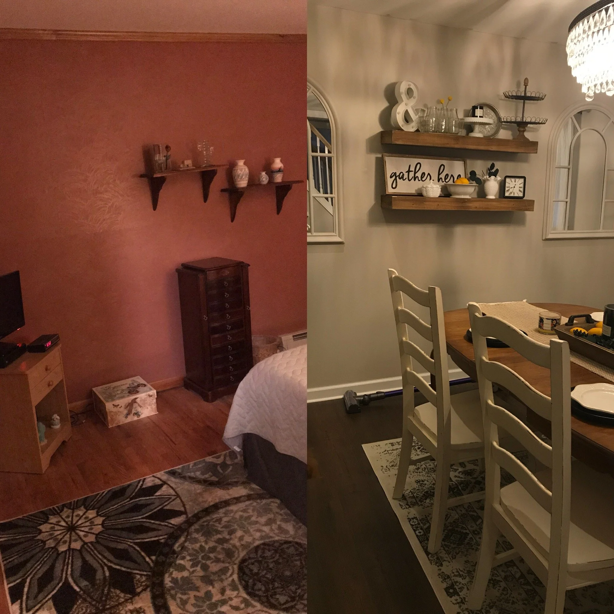 A split view of two different rooms; the left shows a bedroom with a pink textured wall, a small wooden dresser, a chest with a floral design, part of a bed, and a patterned rug. The right shows a dining room with a light-colored wall, a wooden table