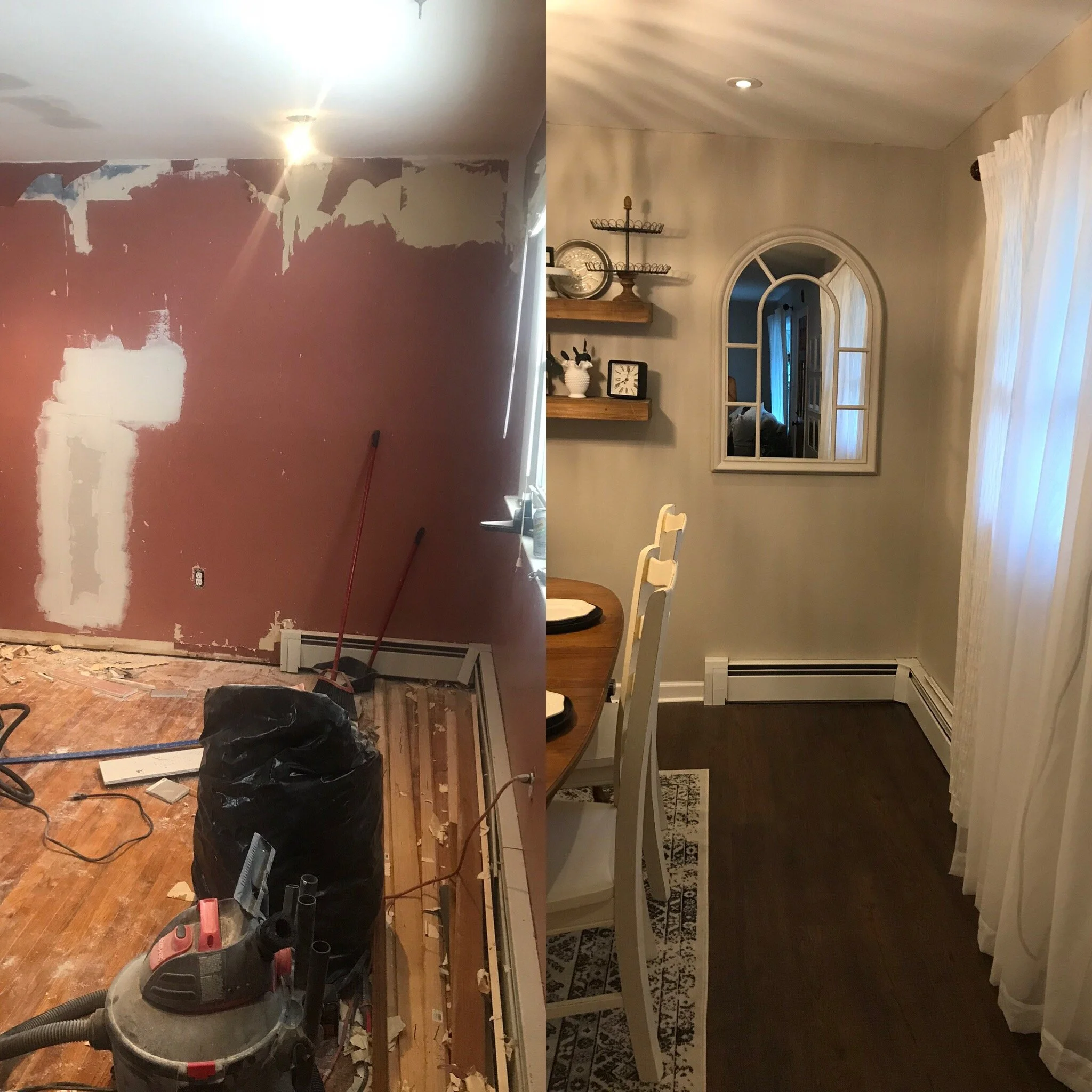 Comparison of a room before and after renovation, showing a wall being repaired and a finished decorated space.