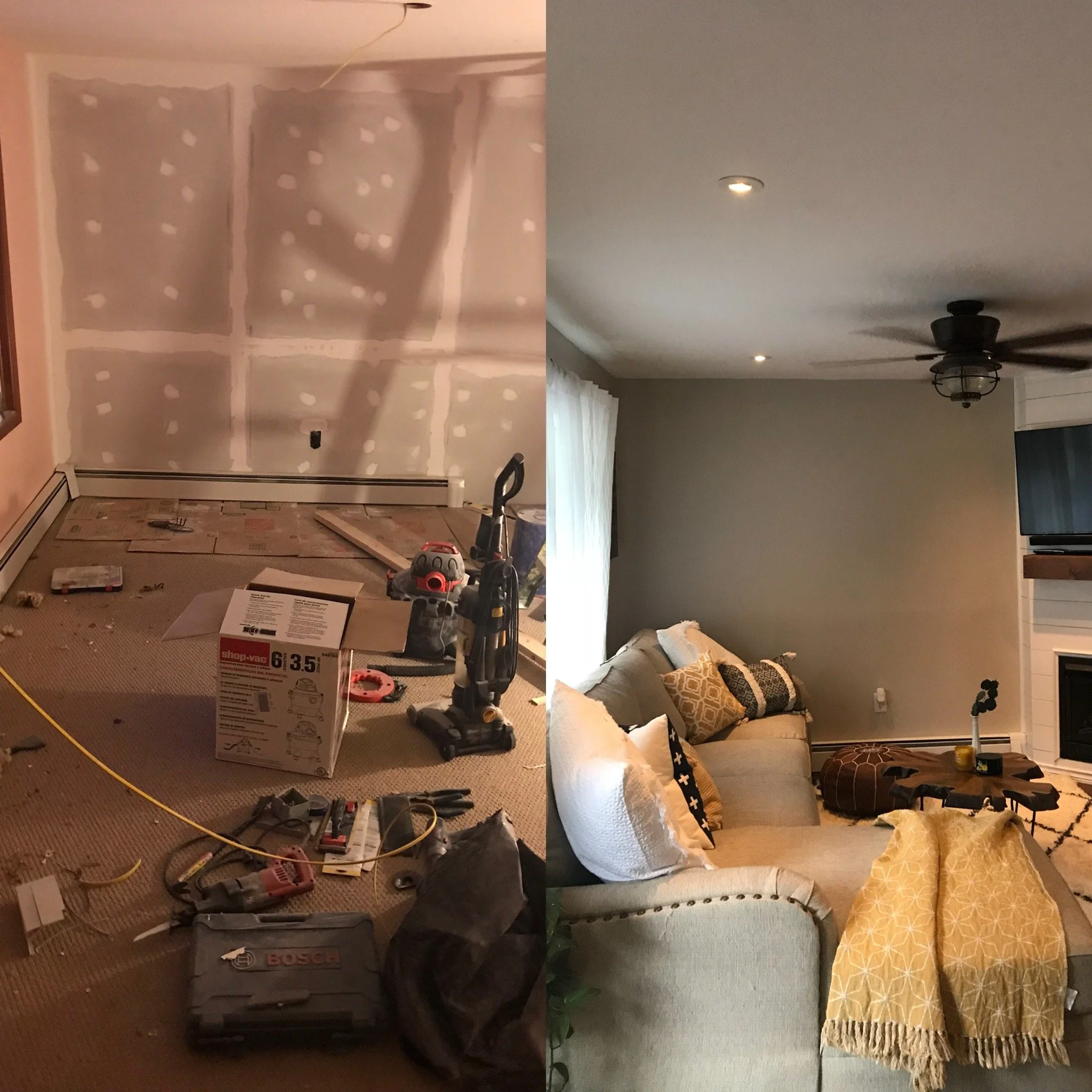 A room before and after renovation, showing the difference in appearance. The left side shows an unfinished room with drywall and construction tools, while the right side shows a decorated, finished living room with a sofa, pillows, a coffee table, a
