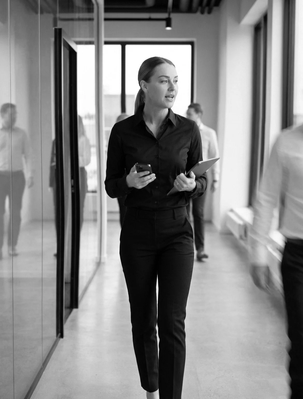 En sort-hvid foto af en kvinde i forretningsbeklædning, der går gennem et kontorlokale, holder en smartphone i den ene hånd og en notesbog i den anden.