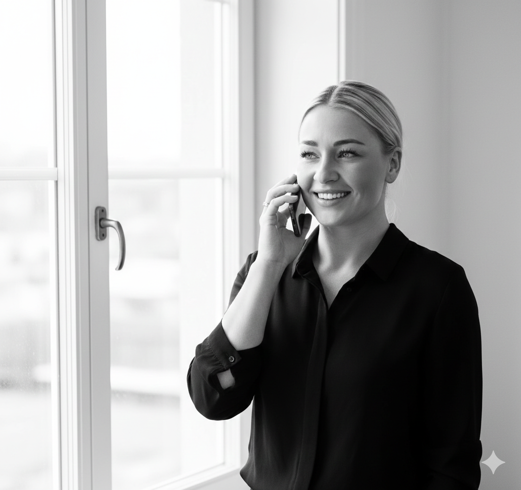 En smilende kvinde taler i telefon indendørs ved et vindue.