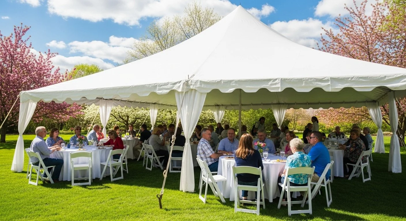 People seated at round tables under a large white marquee tent, enjoying an outdoor event with blooming trees and a partly cloudy sky in the background.
