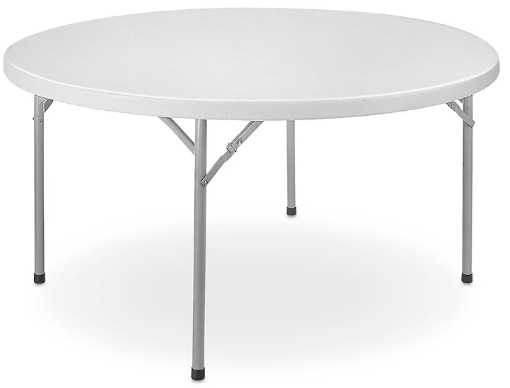 A white folding table with metal legs and a adjustable locking mechanism.