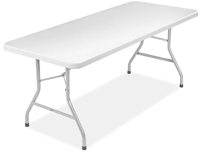 White folding table with metal legs and black rubber feet.