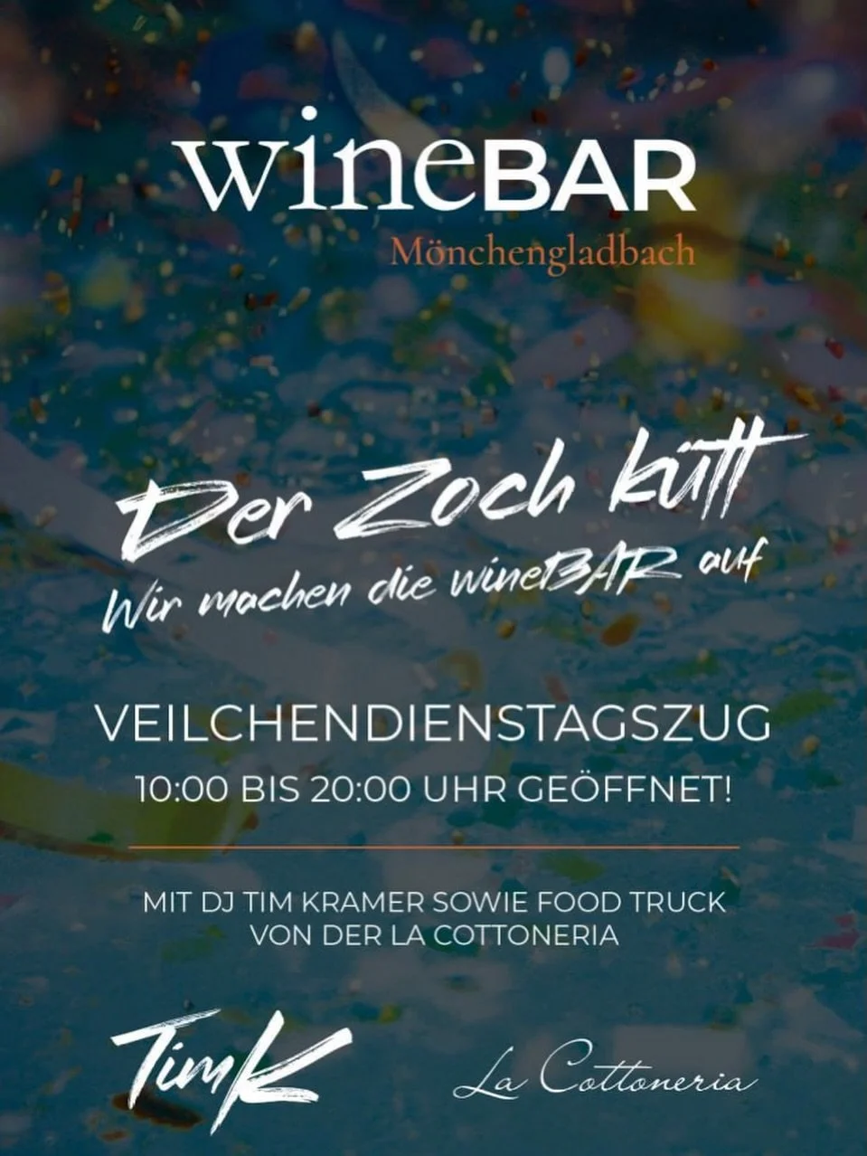 🎭 M&ouml;nchengladbach &ndash; heute wird gefeiert. 🎊🙌

Der Zoch k&uuml;tt.
Die Stadt bebt.
Und wir? Wir machen auf. 🍷

Veilchendienstag in der wineBAR M&ouml;nchengladbach &ndash; 10:00 bis 20:00 Uhr.

Ob Zwischenstopp vom Zug, Sammelpunkt f&uum
