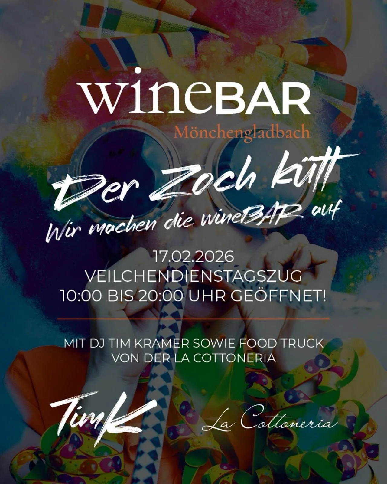🎭🍷 Der Zoch k&uuml;tt &ndash; wir machen die wineBAR auf.

Veilchendienstag wird bei uns nicht nur gefeiert, sondern zelebriert.
Mitten in M&ouml;nchengladbach, mitten im Trubel, mitten im Genuss.

📅 Dienstag, 17.02.2026
⏰ 10:00 &ndash; 20:00 Uhr 