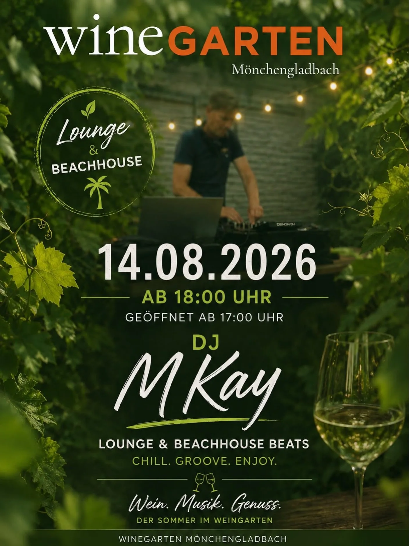 🌴🍷 Summer Nights im wineGARTEN.

Lehnt euch zur&uuml;ck, genie&szlig;t ein gut gek&uuml;hltes Glas Wein und lasst euch von den entspannten Lounge- &amp; Beachhouse-Beats von DJ MKay in den Sommer begleiten.

Der perfekte Soundtrack f&uuml;r einen F
