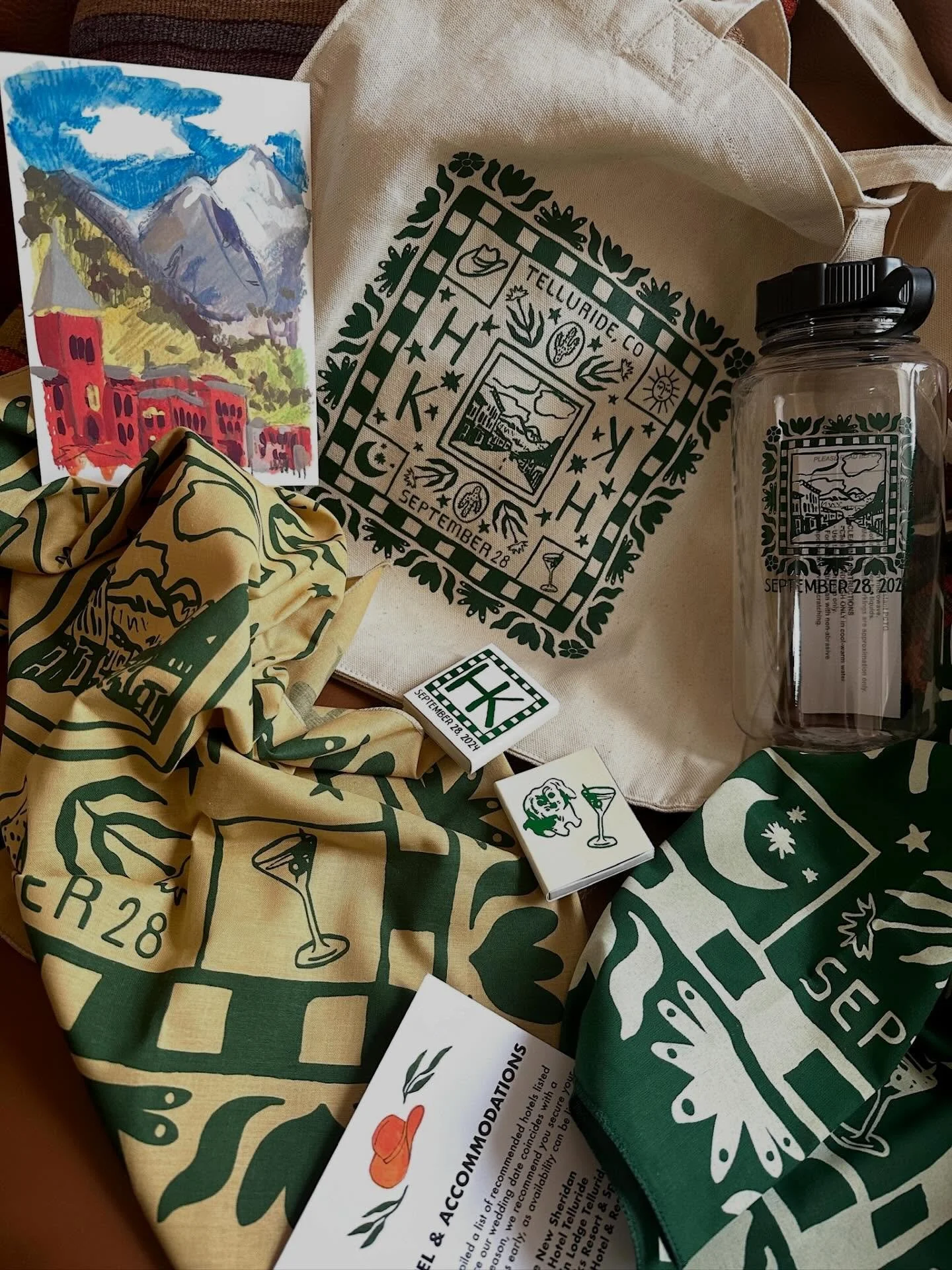 Wedding extras for Henry &amp; Kate: save the dates, tote bags, bandanas, water bottles, matchbooks 🏔️