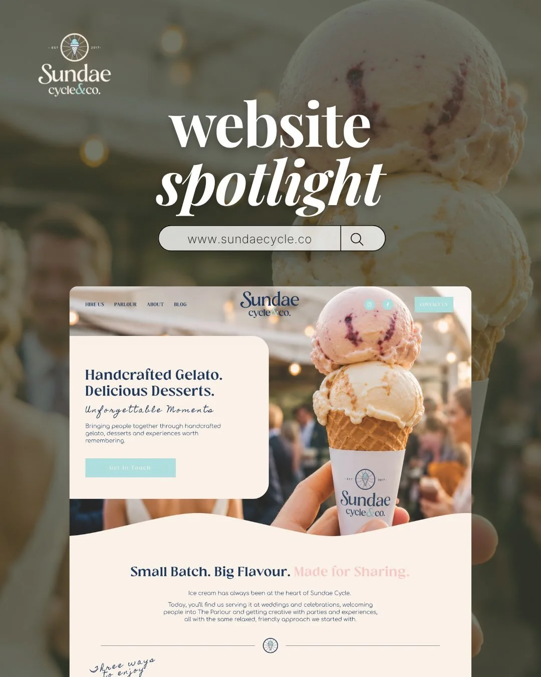 I scream, you scream, we all scream for ice cream! 🍦

@sundaecycle x @elevostudio.co 

Jess &amp; David came to me wanting a website redesign that felt fresh and told their story. We ditched the chunky, boxed-in sections and kept everything flowing,