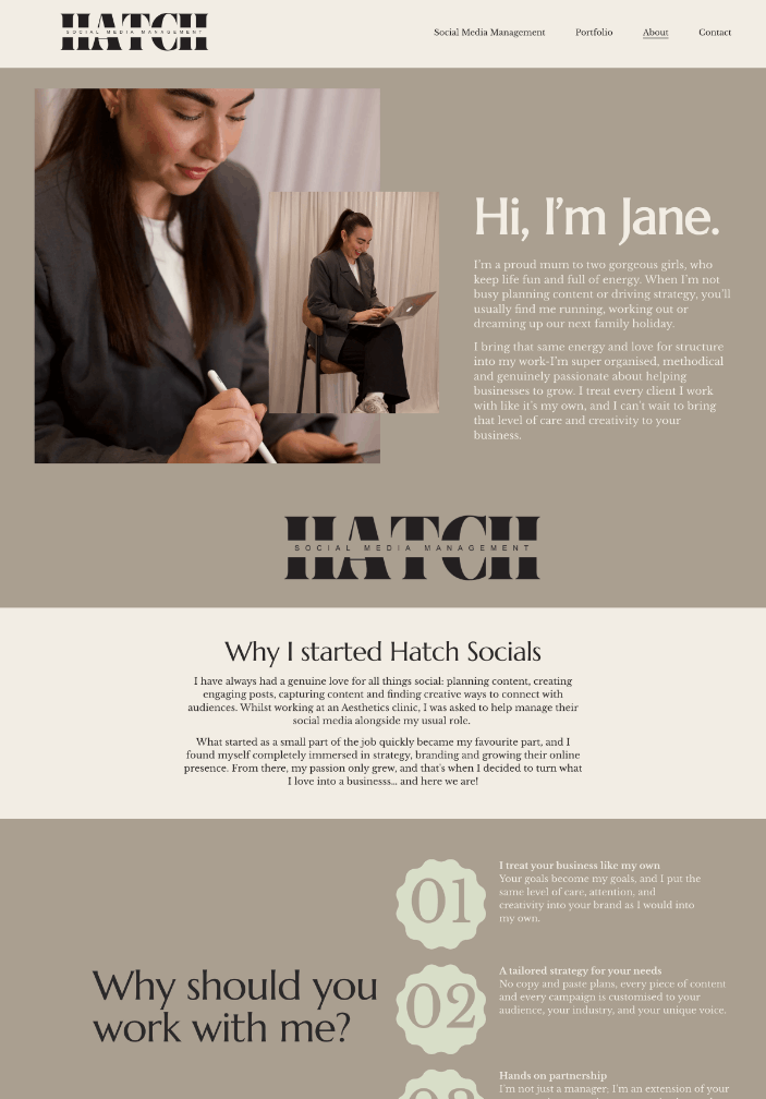 About Page Screenshot of Hatch Socials Website